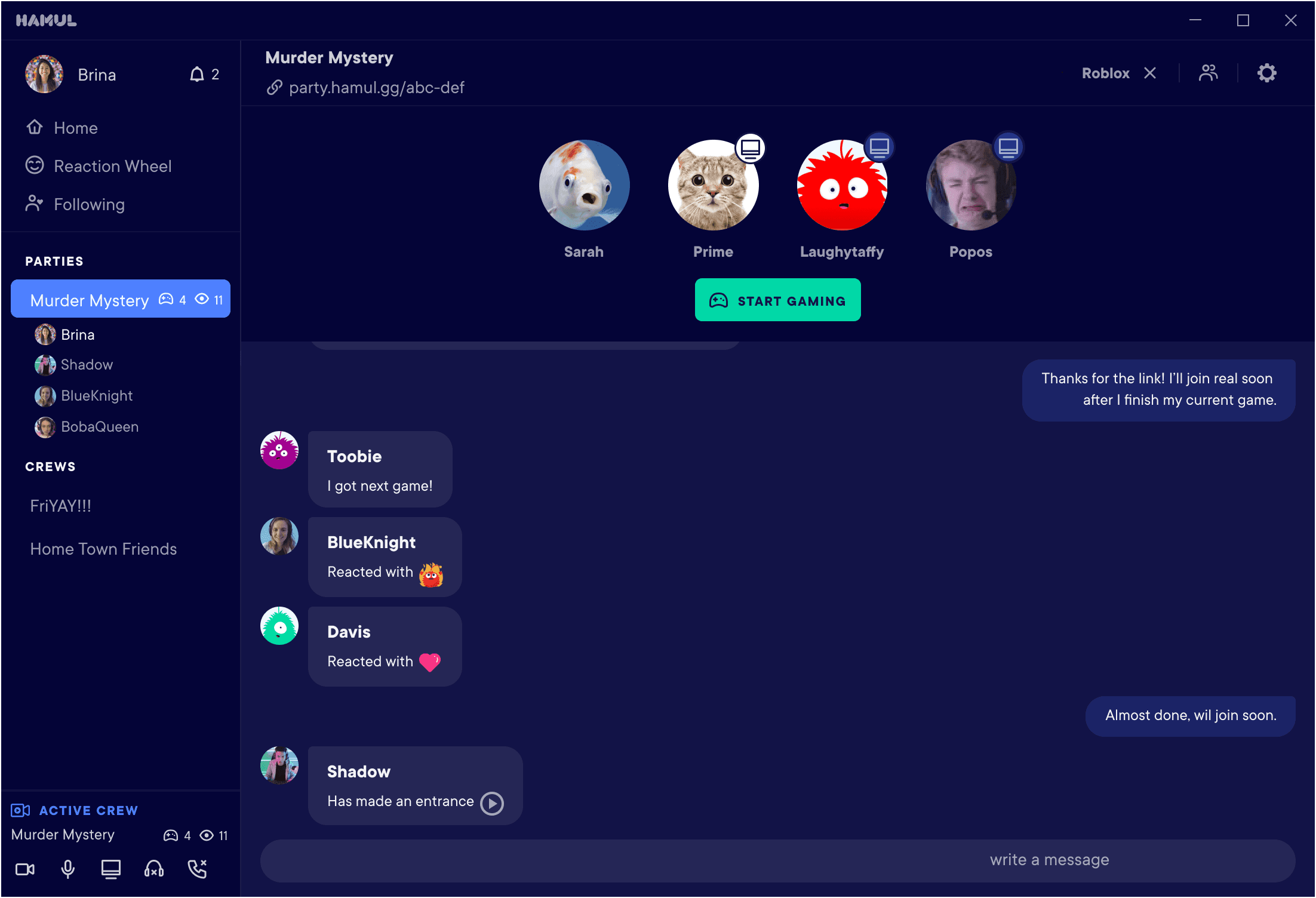 Party chat with presence and reactions